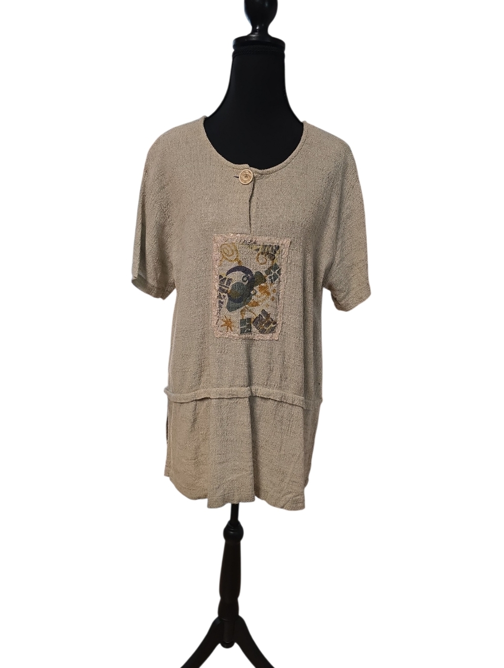 Vintage Isabella La By Shawn Beige Short Sleeve Tunic with Painted Patch 2